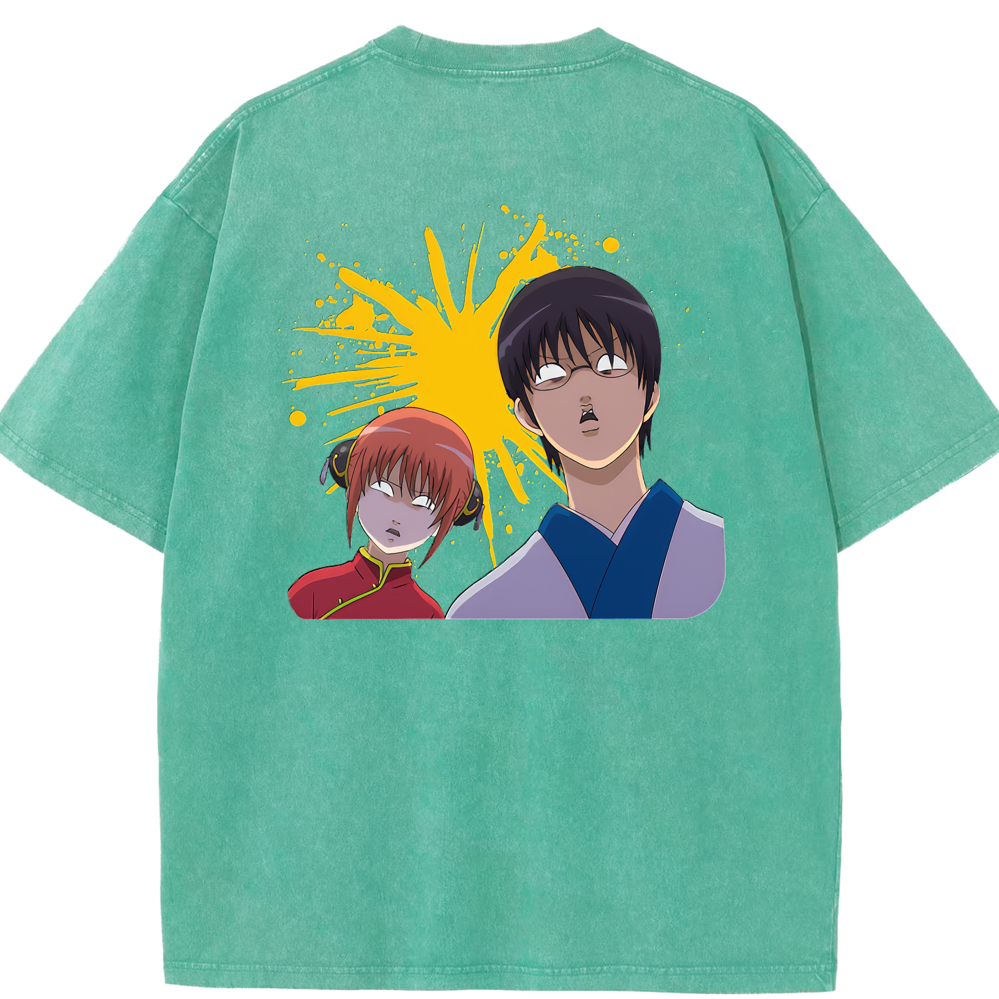 （画像用） ぎんたま 坂田銀時（さかたぎんとき） 神楽 志村新八（しむら しんぱち） GINTAMA Sakata Gintoki Kagura Shimura Shinpachi 綿100% ヴィンテージ風 半袖Tシャツ（背面プリント）